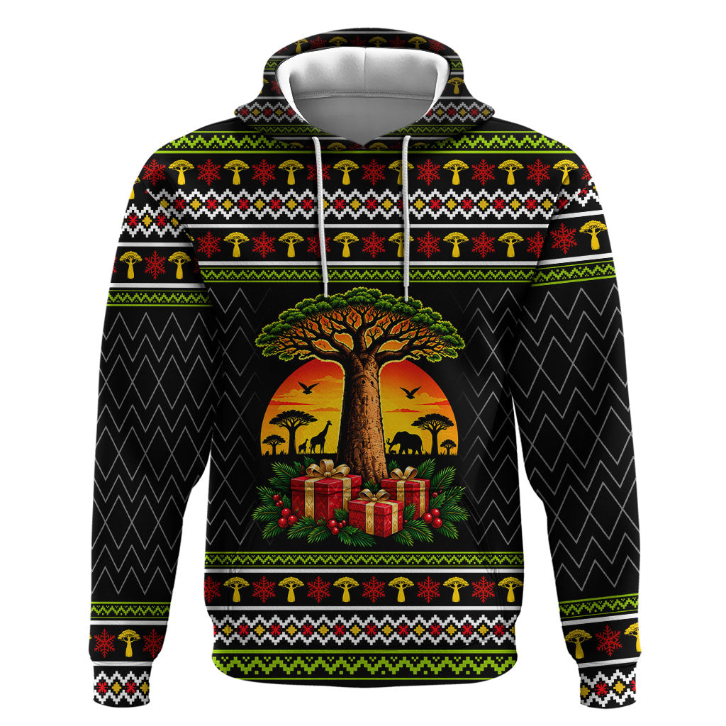 African Safari Black Santa Christmas Hoodie Ugly Pattern Sunset Baobab Tree Africa Map