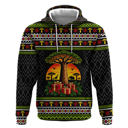 African Safari Black Santa Christmas Hoodie Ugly Pattern Sunset Baobab Tree Africa Map