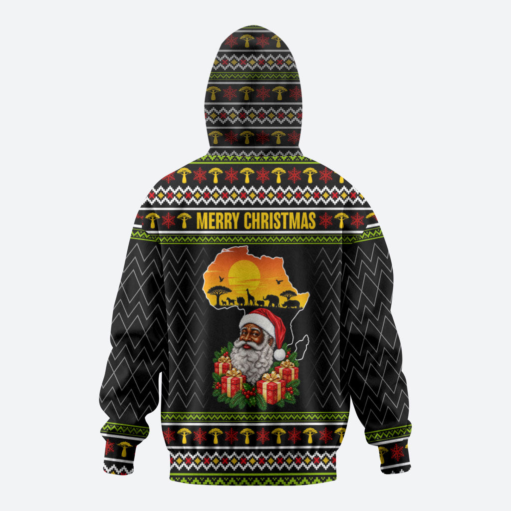 African Safari Black Santa Christmas Hoodie Ugly Pattern Sunset Baobab Tree Africa Map