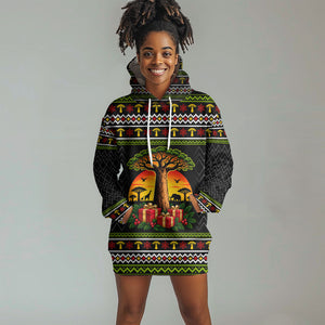 African Safari Black Santa Christmas Hoodie Dress Ugly Pattern Sunset Baobab Tree Africa Map