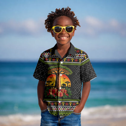 African Safari Black Santa Christmas Kid Hawaiian Shirt Ugly Pattern Sunset Baobab Tree Africa Map