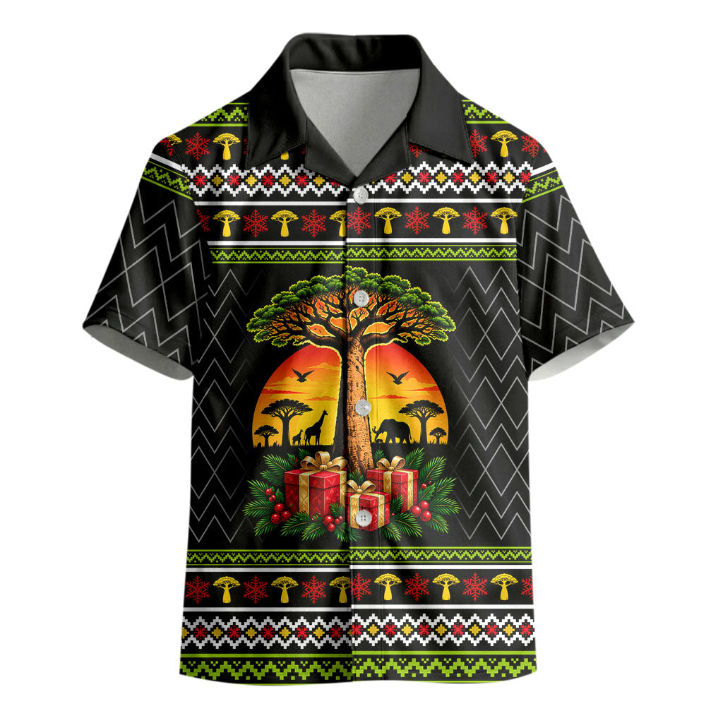 African Safari Black Santa Christmas Kid Hawaiian Shirt Ugly Pattern Sunset Baobab Tree Africa Map