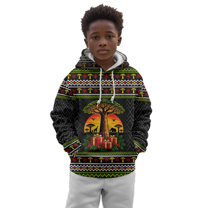 African Safari Black Santa Christmas Kid Hoodie Ugly Pattern Sunset Baobab Tree Africa Map