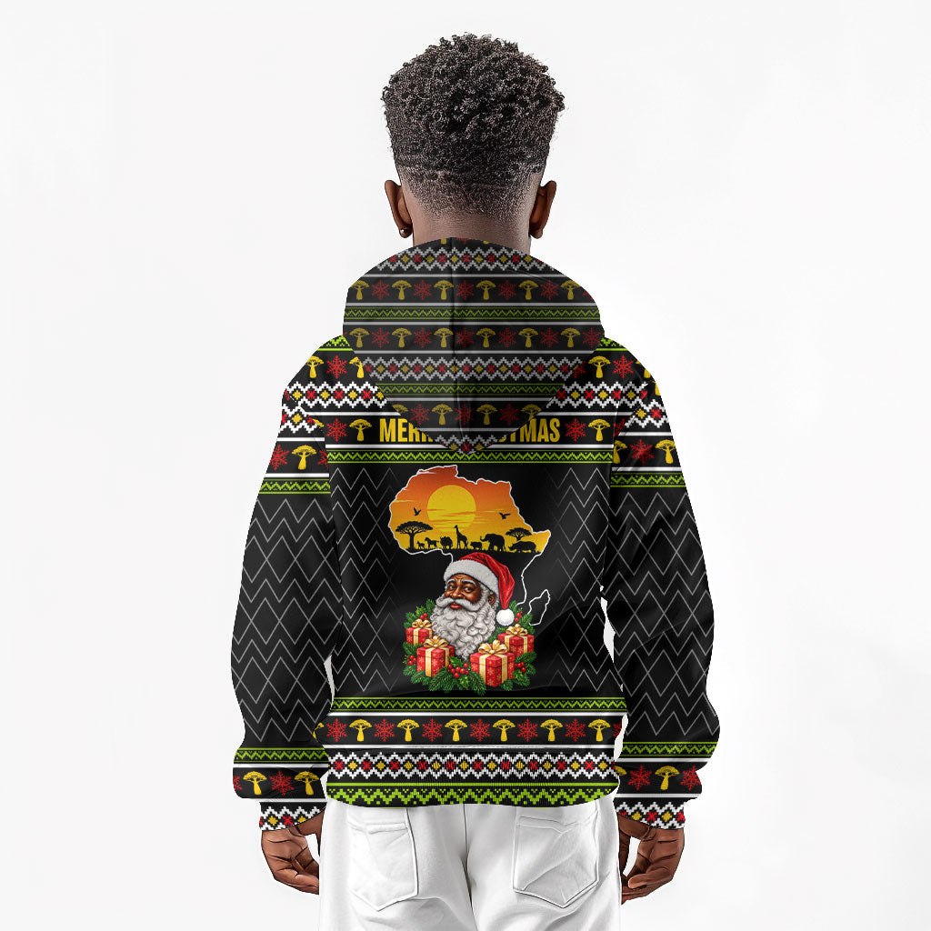 African Safari Black Santa Christmas Kid Hoodie Ugly Pattern Sunset Baobab Tree Africa Map