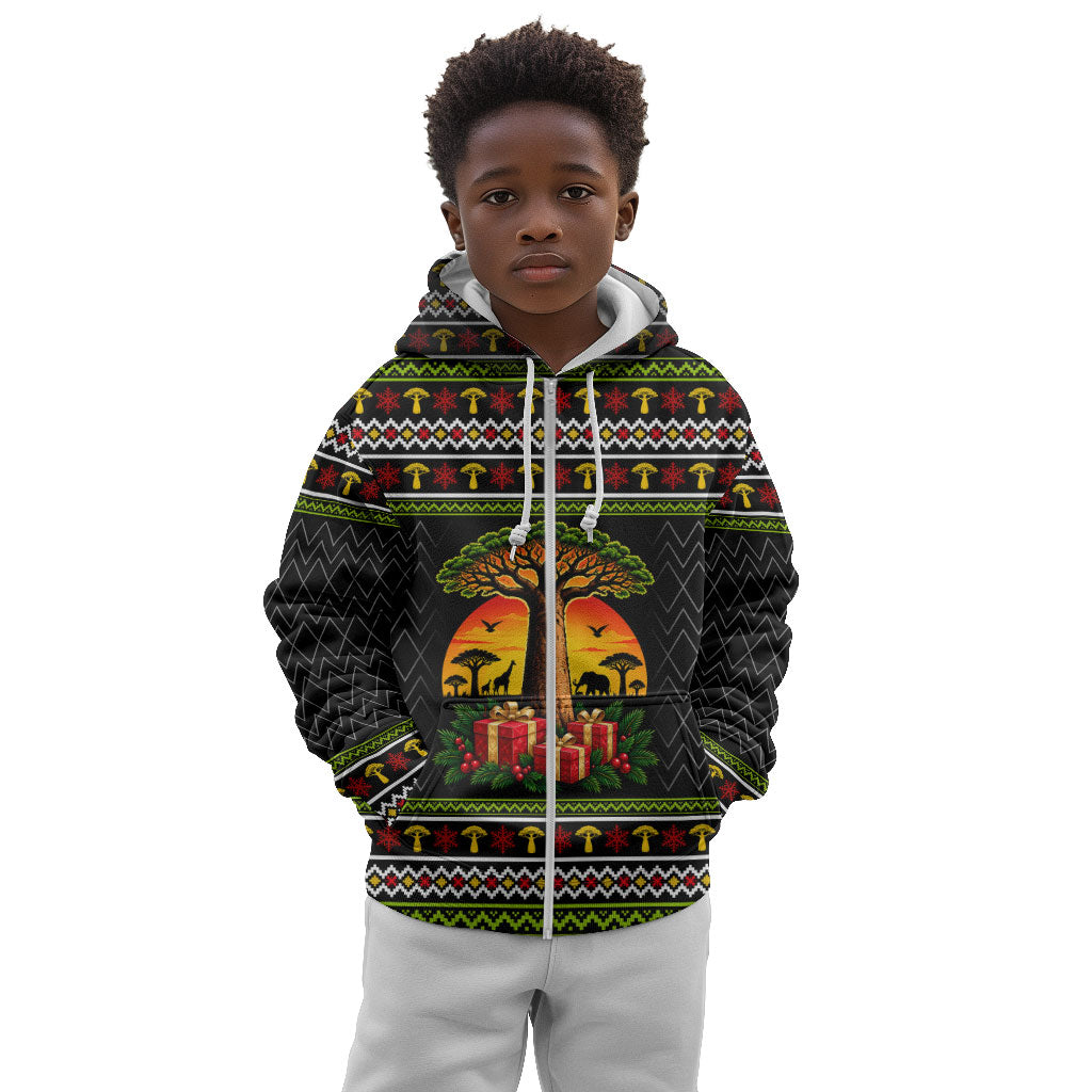 African Safari Black Santa Christmas Kid Hoodie Ugly Pattern Sunset Baobab Tree Africa Map