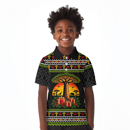 African Safari Black Santa Christmas Kid Polo Shirt Ugly Pattern Sunset Baobab Tree Africa Map