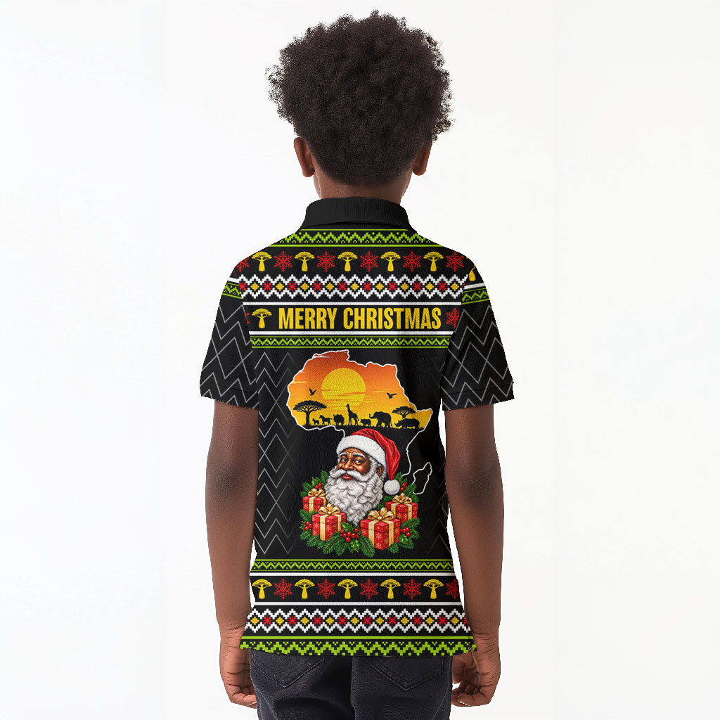 African Safari Black Santa Christmas Kid Polo Shirt Ugly Pattern Sunset Baobab Tree Africa Map
