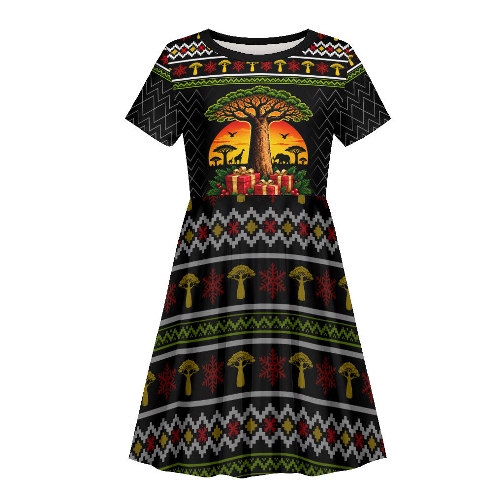 African Safari Black Santa Christmas Kid Short Sleeve Dress Ugly Pattern Sunset Baobab Tree Africa Map