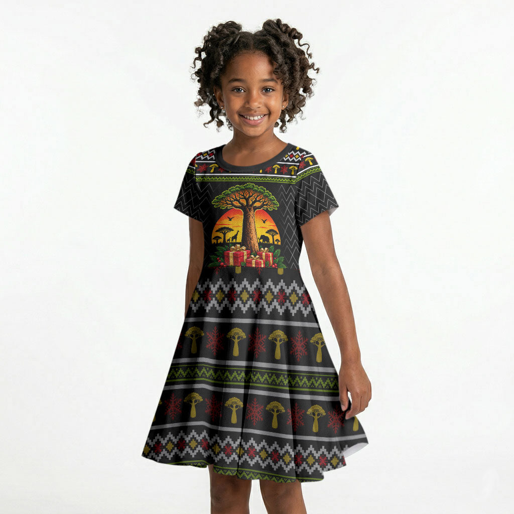 African Safari Black Santa Christmas Kid Short Sleeve Dress Ugly Pattern Sunset Baobab Tree Africa Map