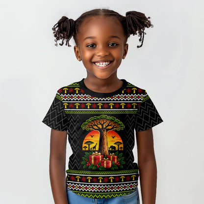 African Safari Black Santa Christmas Kid T shirt Ugly Pattern Sunset Baobab Tree Africa Map