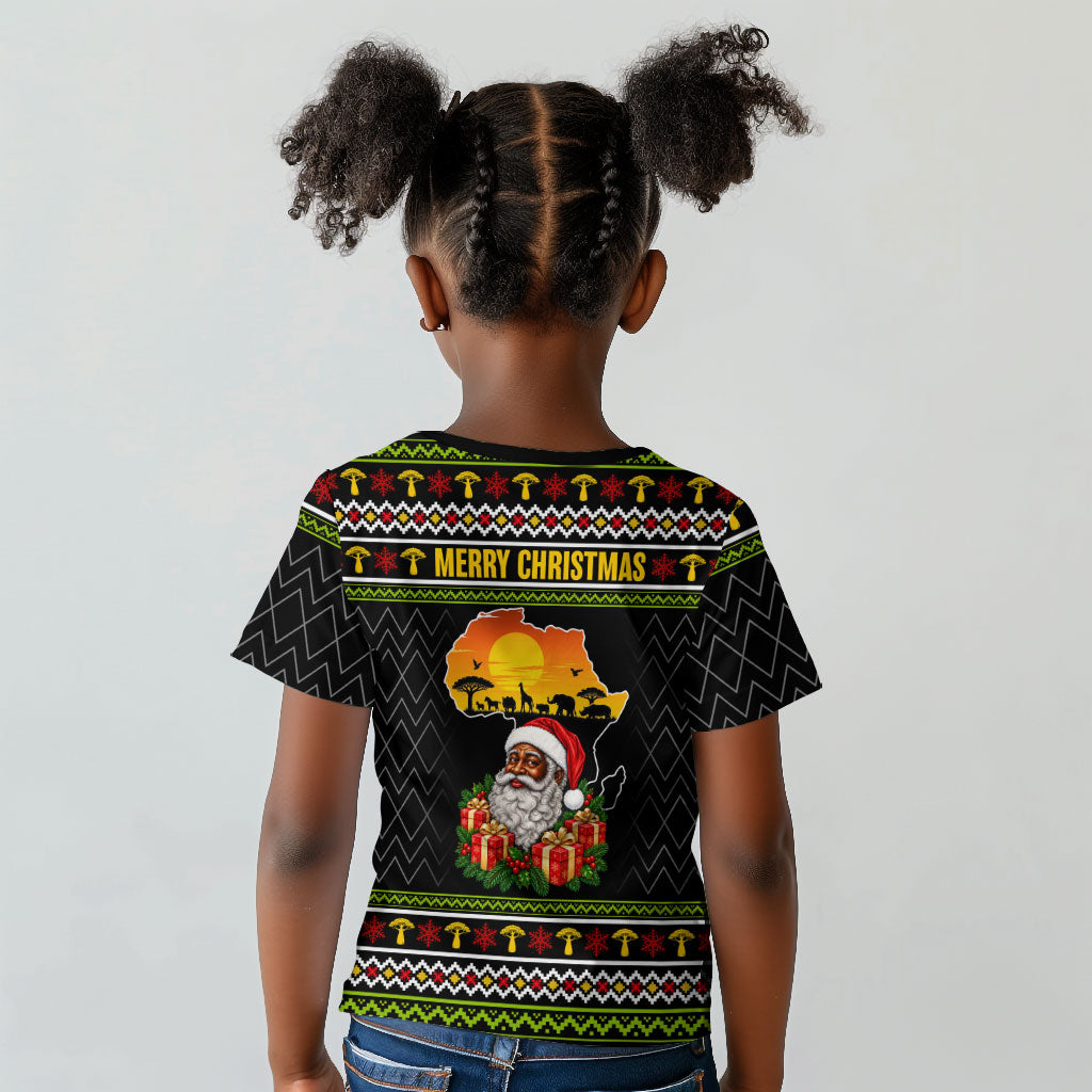 African Safari Black Santa Christmas Kid T shirt Ugly Pattern Sunset Baobab Tree Africa Map