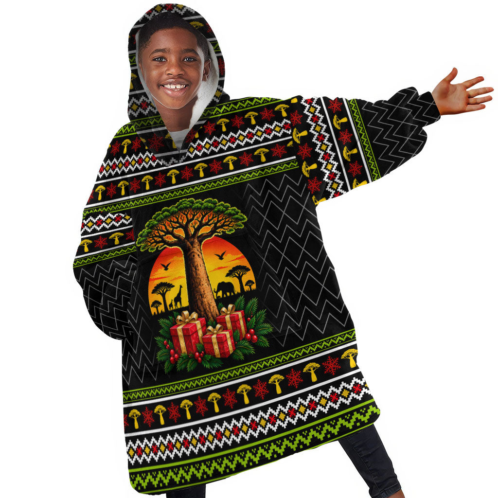 African Safari Black Santa Christmas Kid Wearable Blanket Hoodie Ugly Pattern Sunset Baobab Tree Africa Map