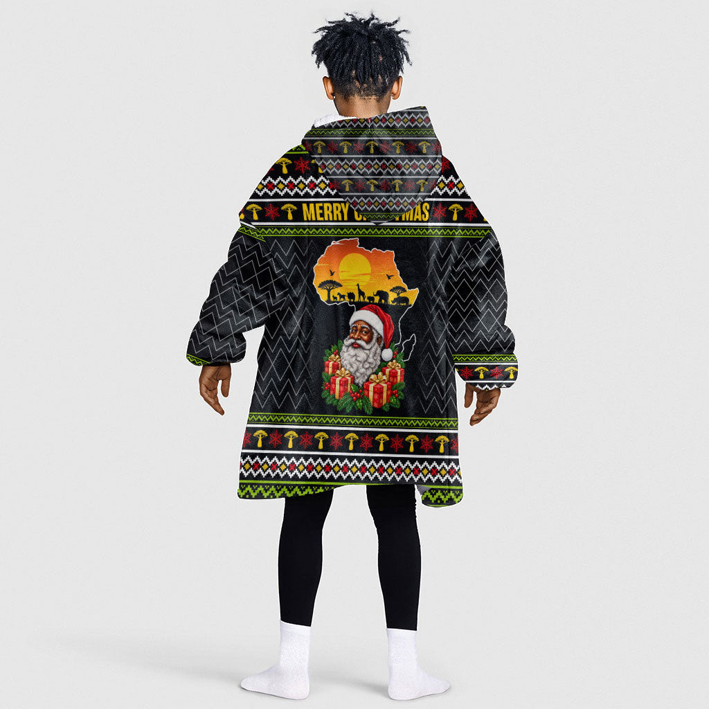 African Safari Black Santa Christmas Kid Wearable Blanket Hoodie Ugly Pattern Sunset Baobab Tree Africa Map