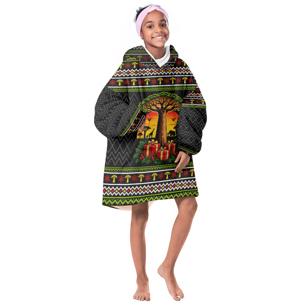 African Safari Black Santa Christmas Kid Wearable Blanket Hoodie Ugly Pattern Sunset Baobab Tree Africa Map