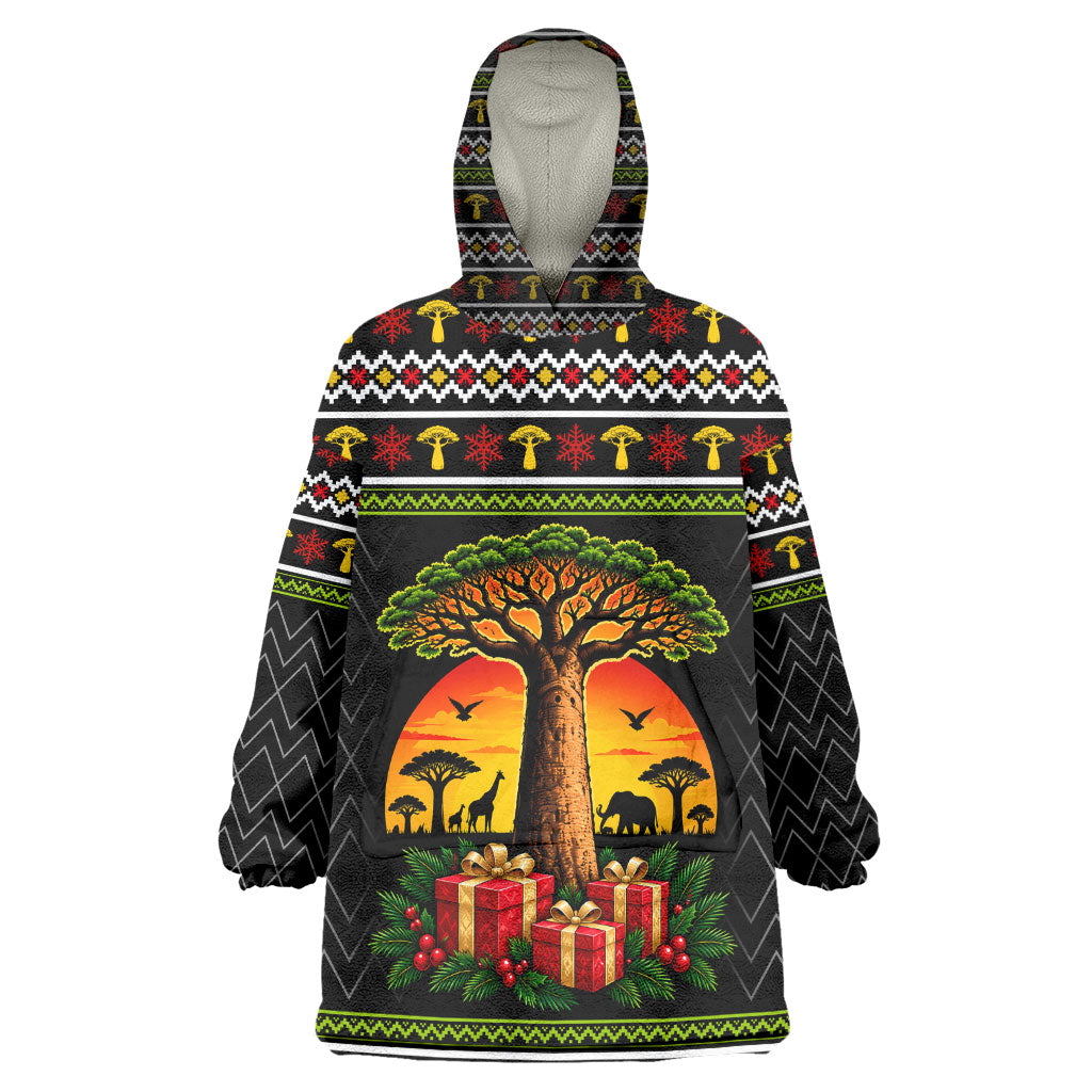 African Safari Black Santa Christmas Kid Wearable Blanket Hoodie Ugly Pattern Sunset Baobab Tree Africa Map