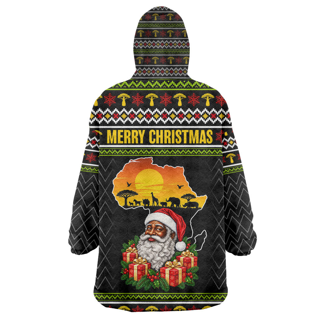 African Safari Black Santa Christmas Kid Wearable Blanket Hoodie Ugly Pattern Sunset Baobab Tree Africa Map