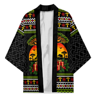 African Safari Black Santa Christmas Kimono Ugly Pattern Sunset Baobab Tree Africa Map
