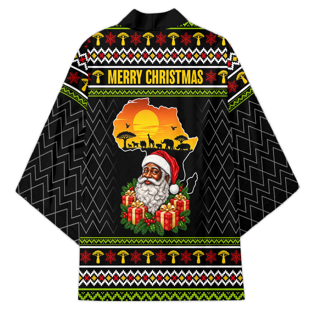 African Safari Black Santa Christmas Kimono Ugly Pattern Sunset Baobab Tree Africa Map