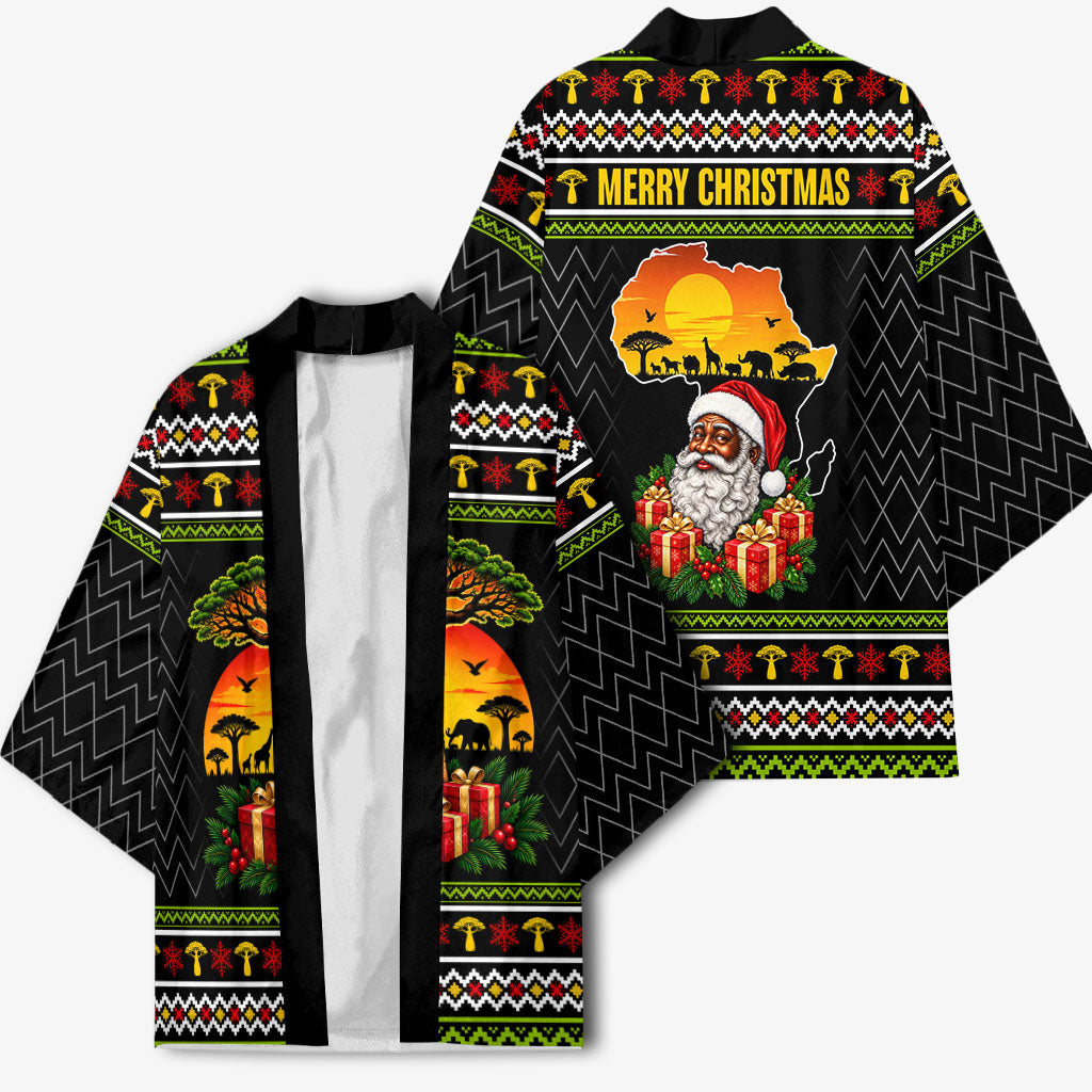 African Safari Black Santa Christmas Kimono Ugly Pattern Sunset Baobab Tree Africa Map