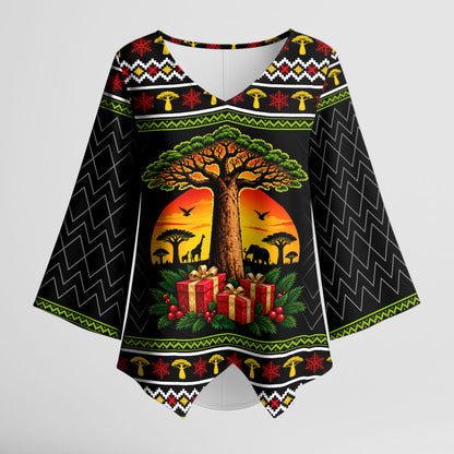 African Safari Black Santa Christmas Kimono Sleeve Blouse Ugly Pattern Sunset Baobab Tree Africa Map