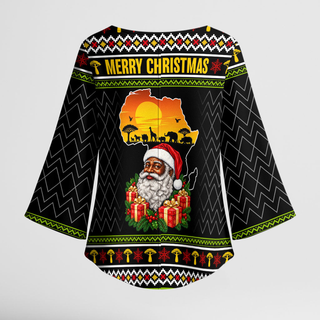 African Safari Black Santa Christmas Kimono Sleeve Blouse Ugly Pattern Sunset Baobab Tree Africa Map