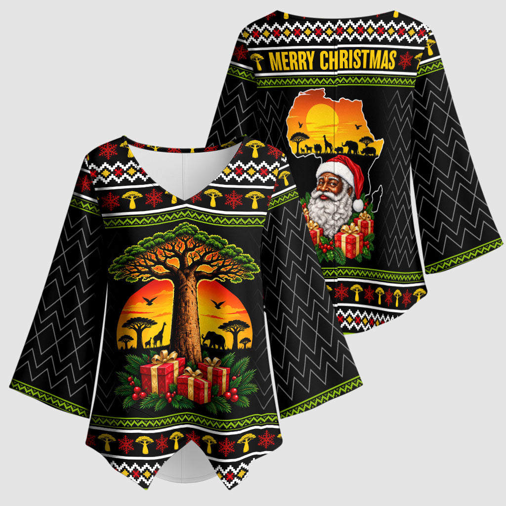 African Safari Black Santa Christmas Kimono Sleeve Blouse Ugly Pattern Sunset Baobab Tree Africa Map
