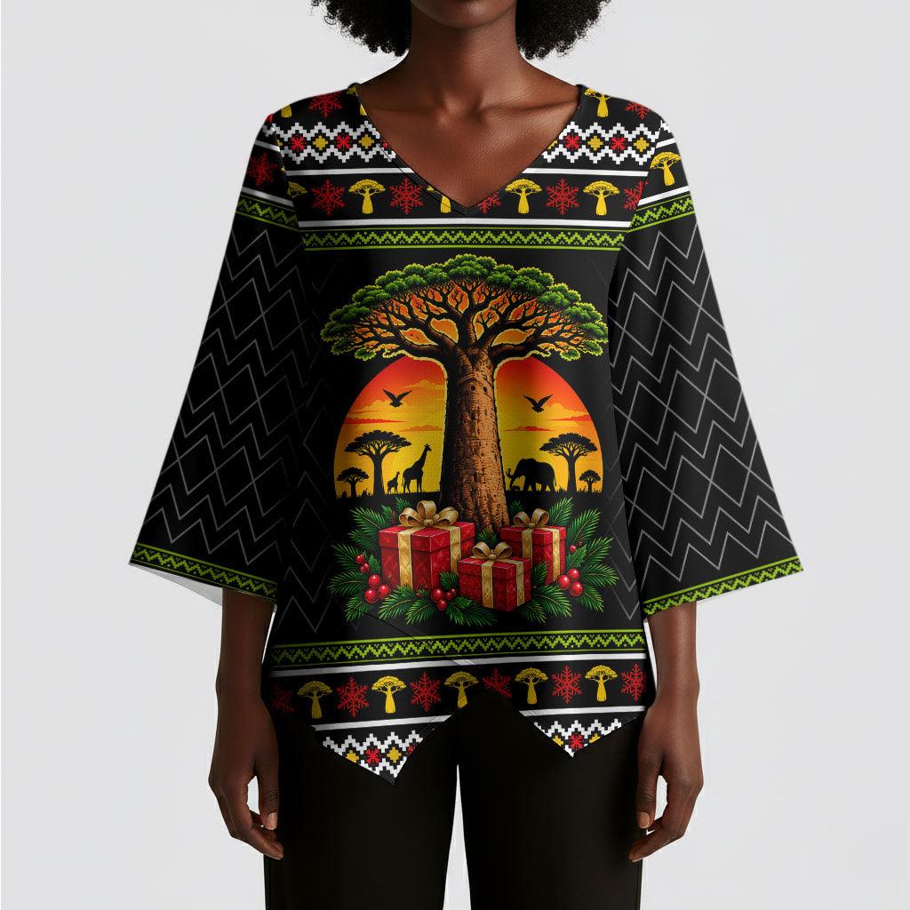 African Safari Black Santa Christmas Kimono Sleeve Blouse Ugly Pattern Sunset Baobab Tree Africa Map