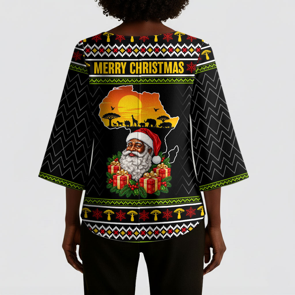 African Safari Black Santa Christmas Kimono Sleeve Blouse Ugly Pattern Sunset Baobab Tree Africa Map
