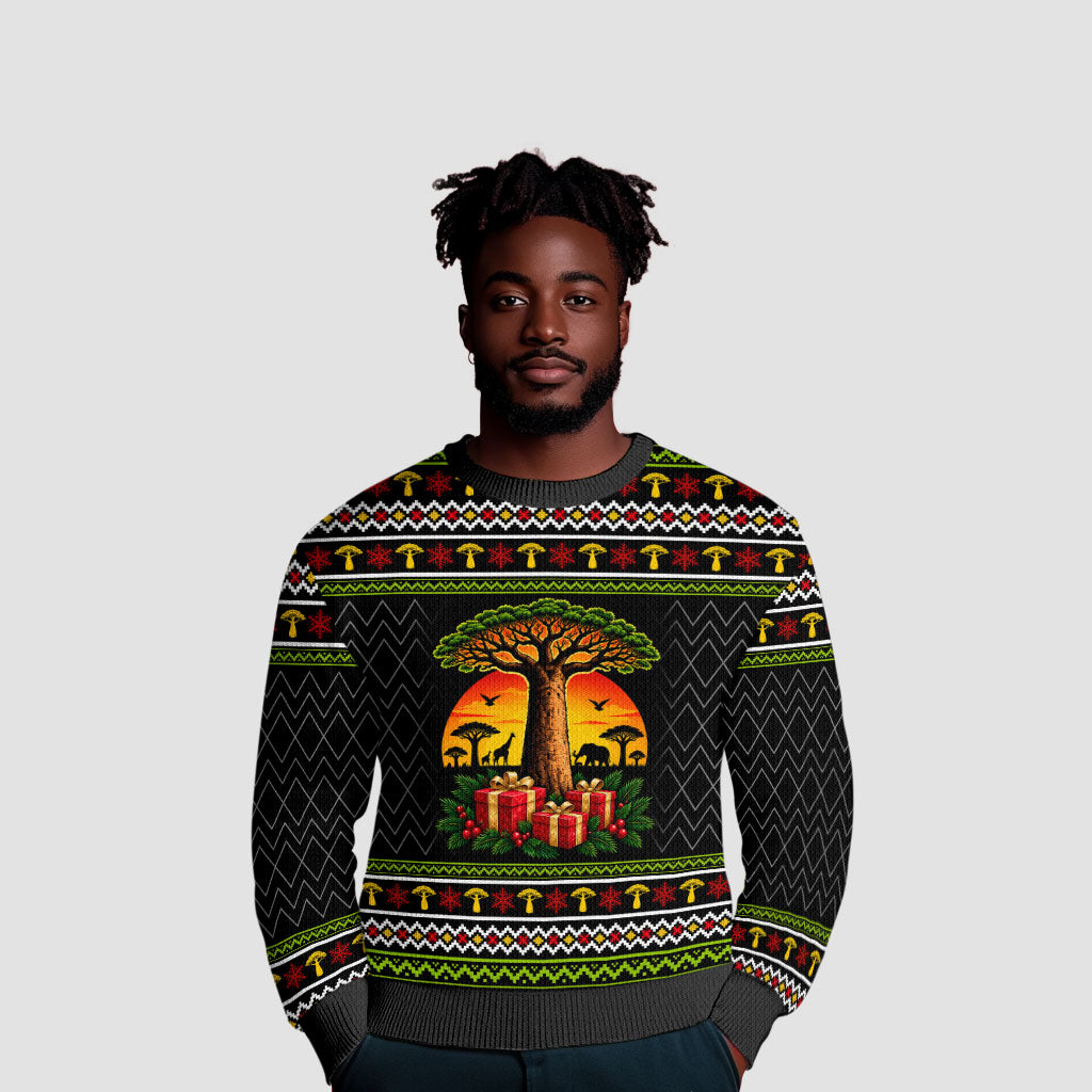 African Safari Black Santa Christmas Ugly Christmas Sweater Ugly Pattern Sunset Baobab Tree Africa Map