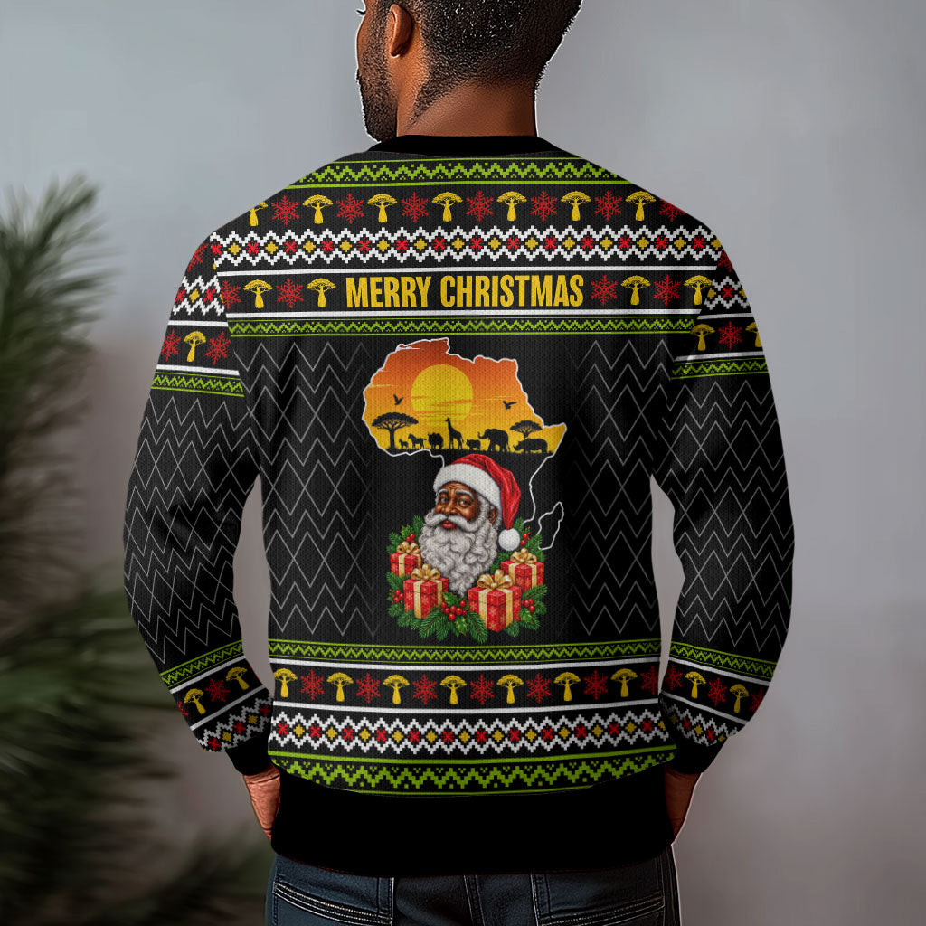 African Safari Black Santa Christmas Ugly Christmas Sweater Ugly Pattern Sunset Baobab Tree Africa Map