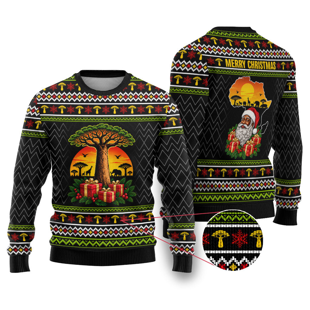 African Safari Black Santa Christmas Ugly Christmas Sweater Ugly Pattern Sunset Baobab Tree Africa Map