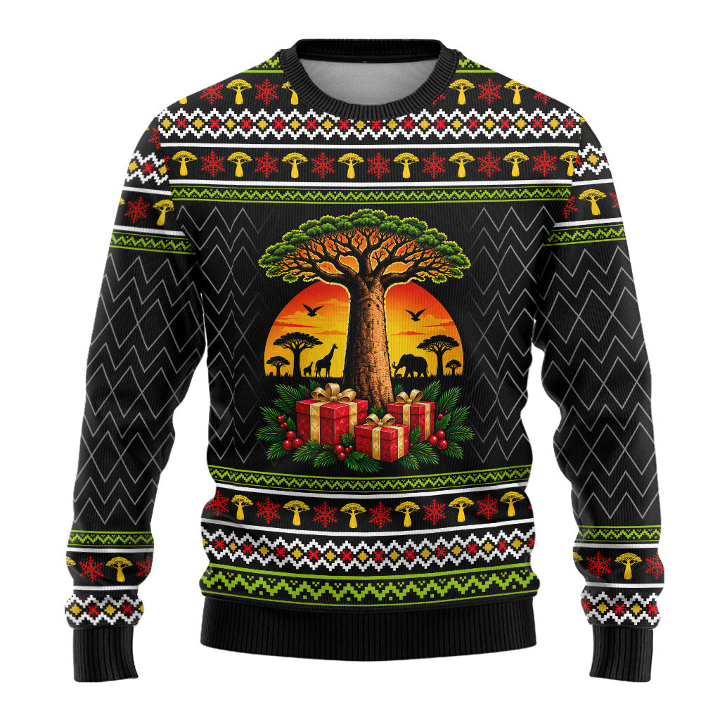 African Safari Black Santa Christmas Ugly Christmas Sweater Ugly Pattern Sunset Baobab Tree Africa Map