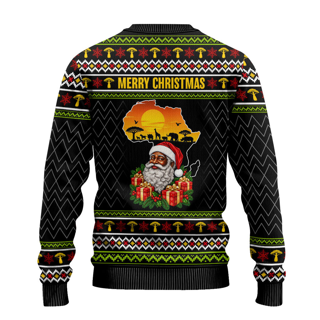 African Safari Black Santa Christmas Ugly Christmas Sweater Ugly Pattern Sunset Baobab Tree Africa Map
