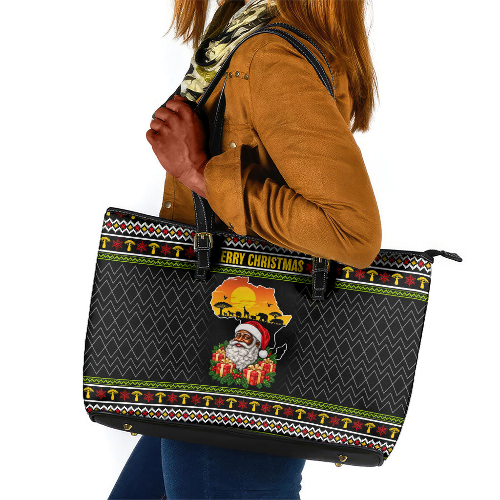 African Safari Black Santa Christmas Leather Tote Bag Ugly Pattern Sunset Baobab Tree Africa Map