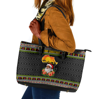 African Safari Black Santa Christmas Leather Tote Bag Ugly Pattern Sunset Baobab Tree Africa Map