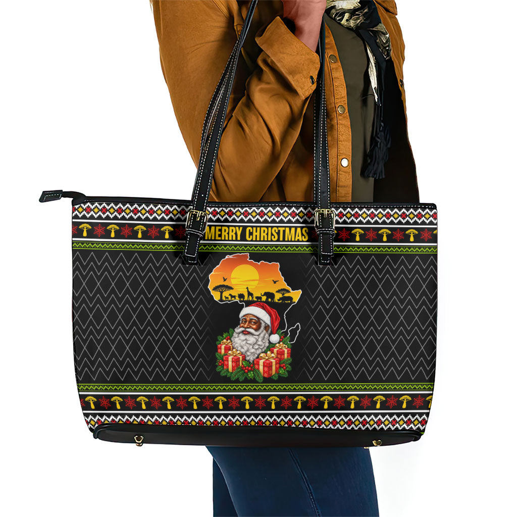 African Safari Black Santa Christmas Leather Tote Bag Ugly Pattern Sunset Baobab Tree Africa Map