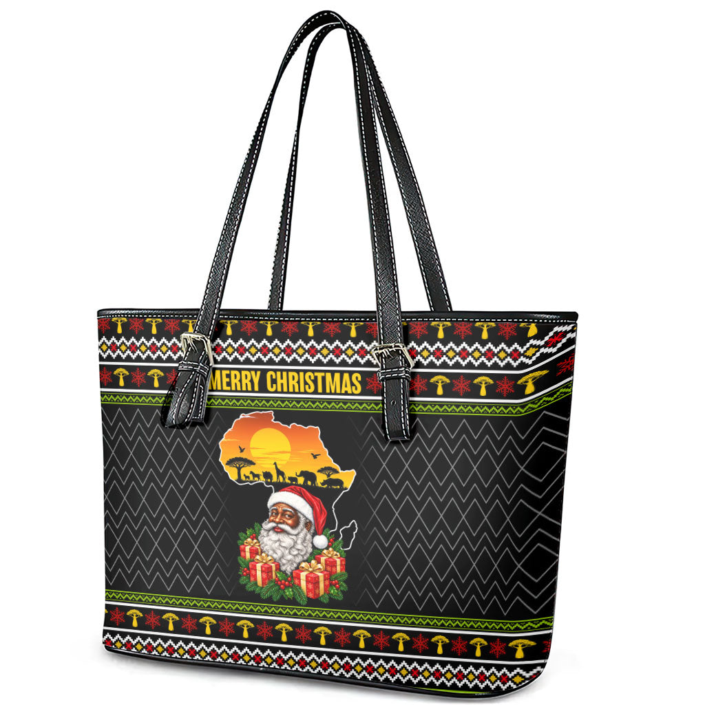 African Safari Black Santa Christmas Leather Tote Bag Ugly Pattern Sunset Baobab Tree Africa Map