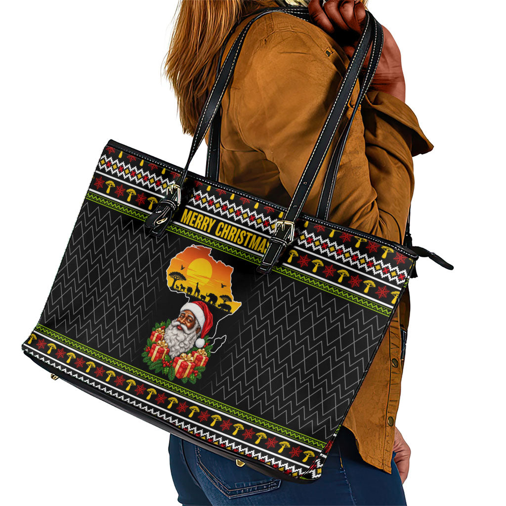 African Safari Black Santa Christmas Leather Tote Bag Ugly Pattern Sunset Baobab Tree Africa Map