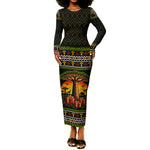 African Safari Black Santa Christmas Long Sleeve Bodycon Dress Ugly Pattern Sunset Baobab Tree Africa Map