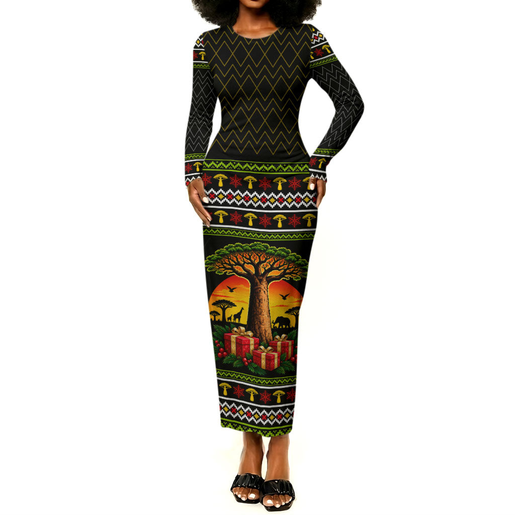 African Safari Black Santa Christmas Long Sleeve Bodycon Dress Ugly Pattern Sunset Baobab Tree Africa Map