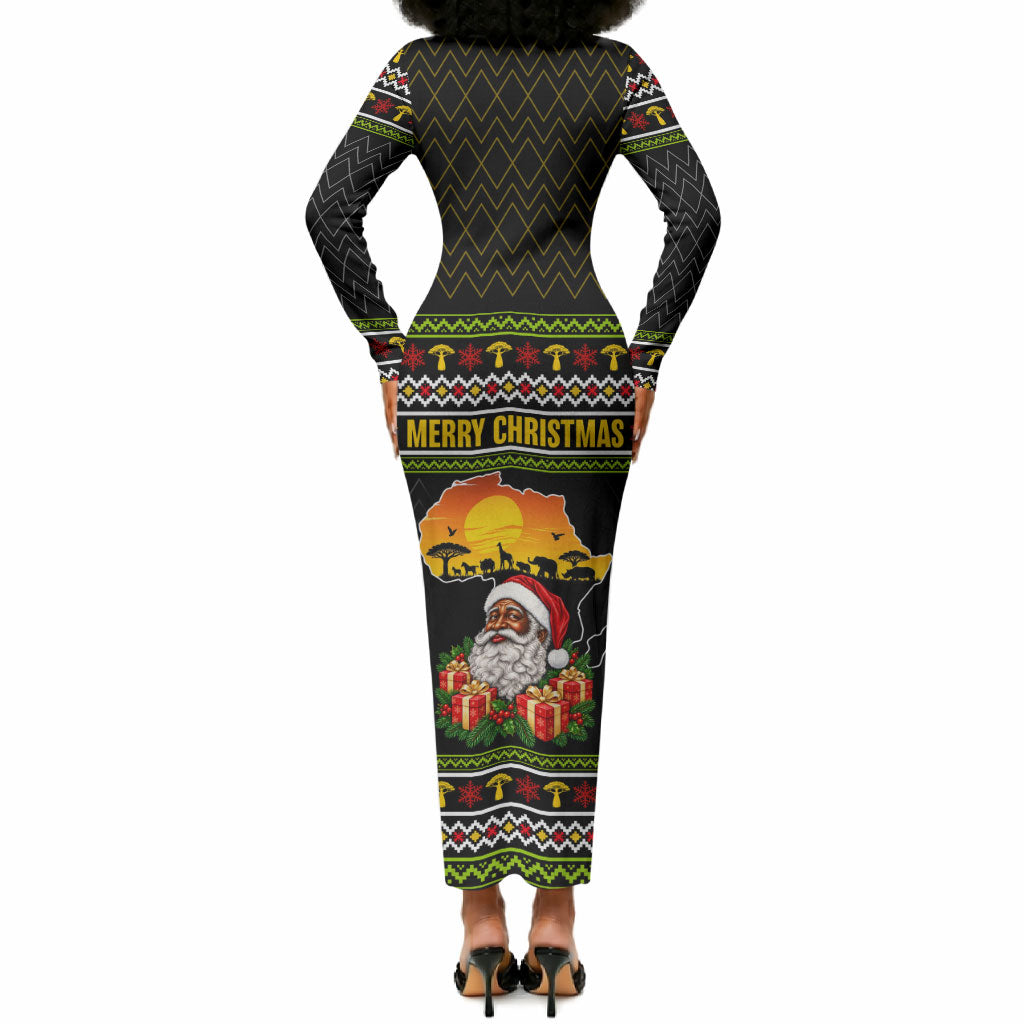 African Safari Black Santa Christmas Long Sleeve Bodycon Dress Ugly Pattern Sunset Baobab Tree Africa Map