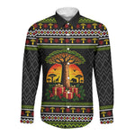 African Safari Black Santa Christmas Long Sleeve Button Shirt Ugly Pattern Sunset Baobab Tree Africa Map