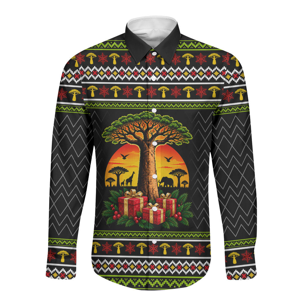 African Safari Black Santa Christmas Long Sleeve Button Shirt Ugly Pattern Sunset Baobab Tree Africa Map