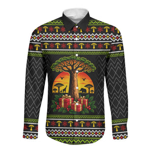 African Safari Black Santa Christmas Long Sleeve Button Shirt Ugly Pattern Sunset Baobab Tree Africa Map