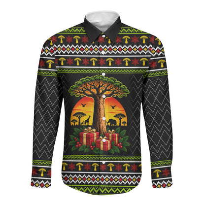 African Safari Black Santa Christmas Long Sleeve Button Shirt Ugly Pattern Sunset Baobab Tree Africa Map