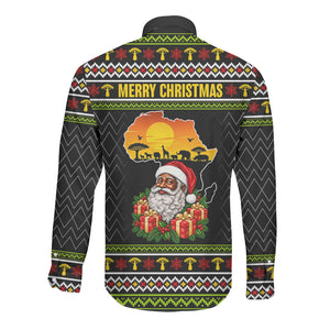 African Safari Black Santa Christmas Long Sleeve Button Shirt Ugly Pattern Sunset Baobab Tree Africa Map