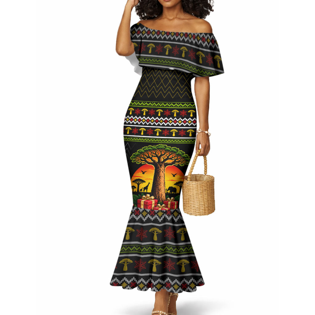 African Safari Black Santa Christmas Mermaid Dress Ugly Pattern Sunset Baobab Tree Africa Map