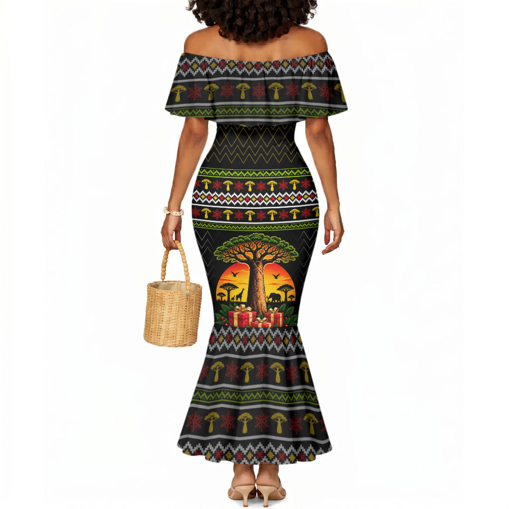 African Safari Black Santa Christmas Mermaid Dress Ugly Pattern Sunset Baobab Tree Africa Map