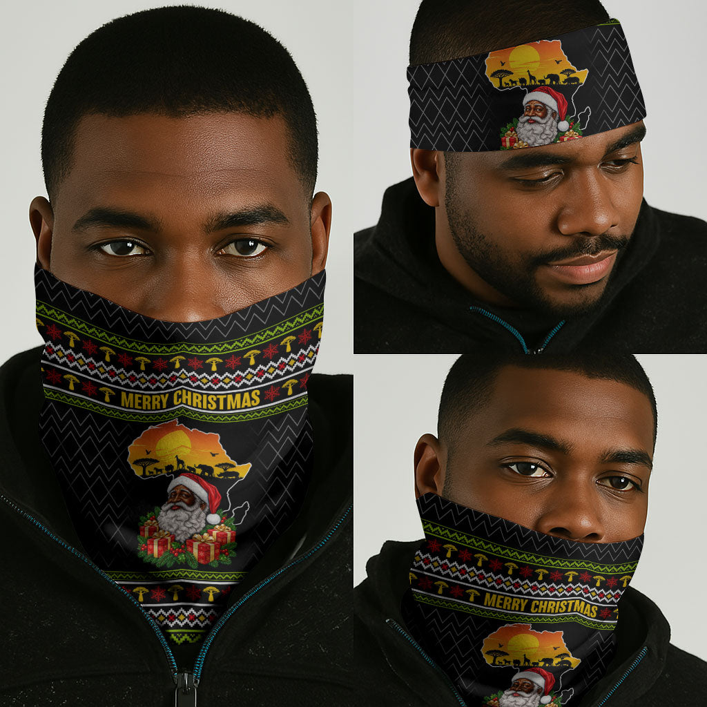 African Safari Black Santa Christmas Neck Gaiter Ugly Pattern Sunset Baobab Tree Africa Map