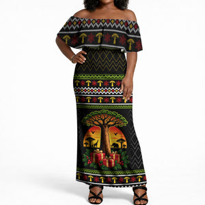African Safari Black Santa Christmas Off Shoulder Maxi Dress Ugly Pattern Sunset Baobab Tree Africa Map